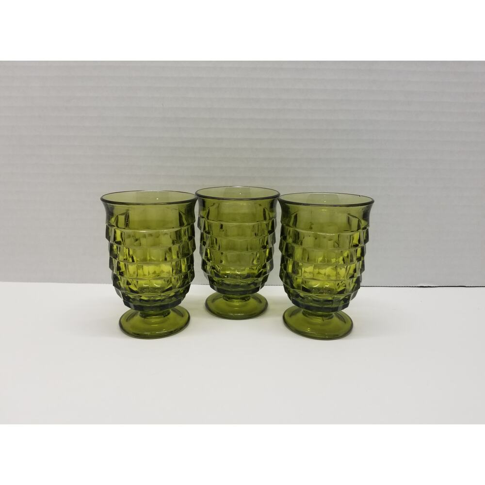 Indiana Glass 4” Whitehall Green Colony Cubist Footed Juice Glasses Avocado 6oz
